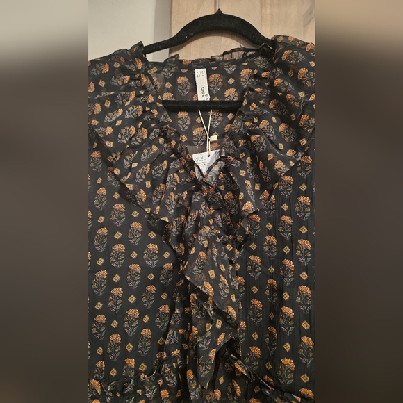 MANGO Black & Yellow Floral Ruffled Mock WrapTop. Size XS NWT - Picture 9 of 13